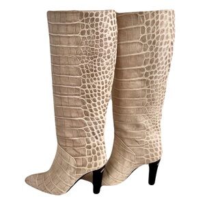 Karen Millen Ivory Croc Embossed Leather Heeled Knee High Boots, Size 38